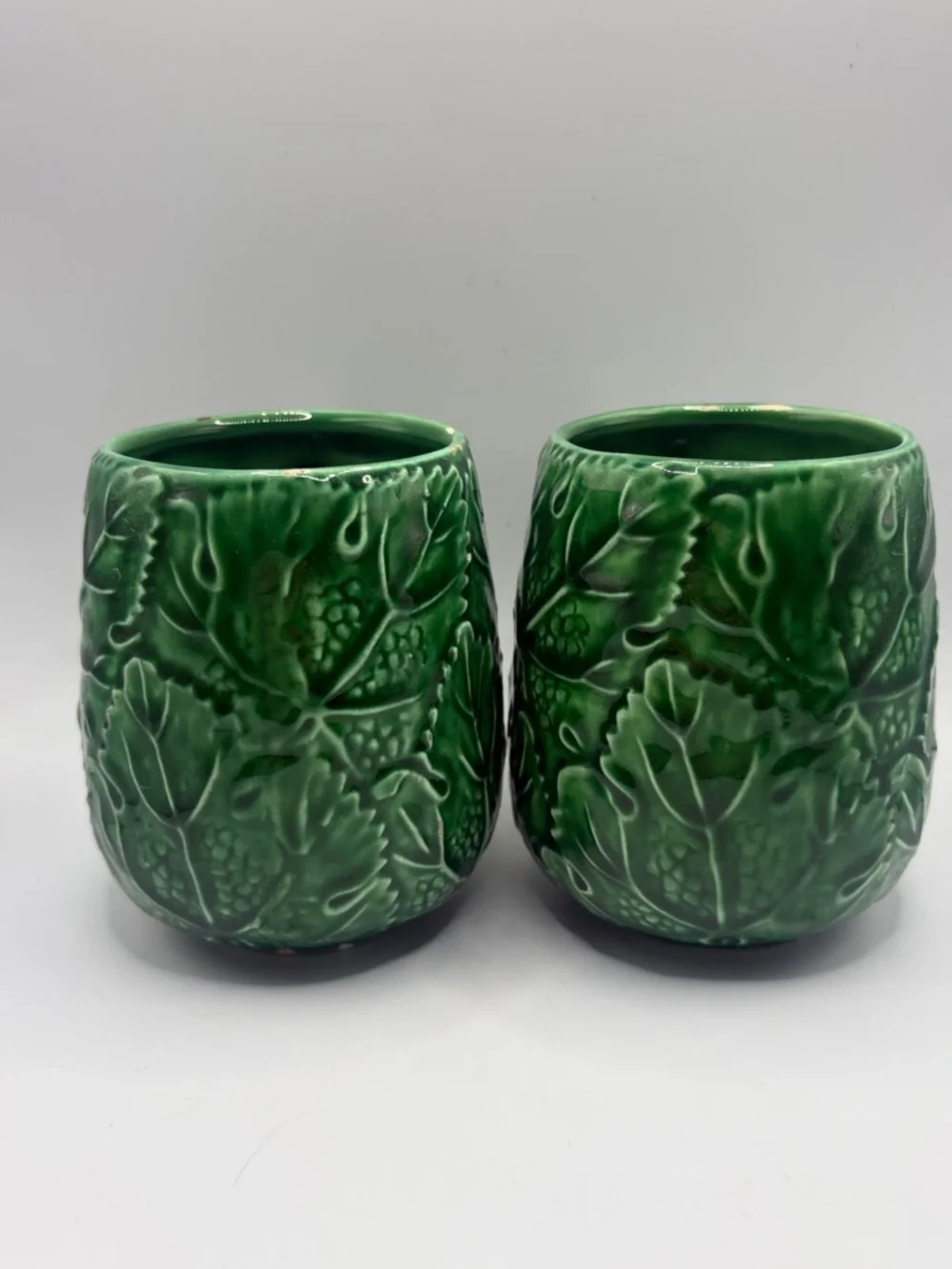 Pair Vintage Greenware Ceramic Majolica Leaf Mugs Cups Drinkware Cottagecore